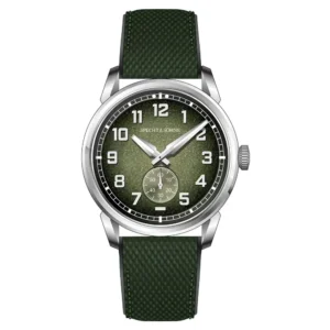 Green dial wristwatch with silver accents.