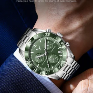 Green chronograph watch on wrist