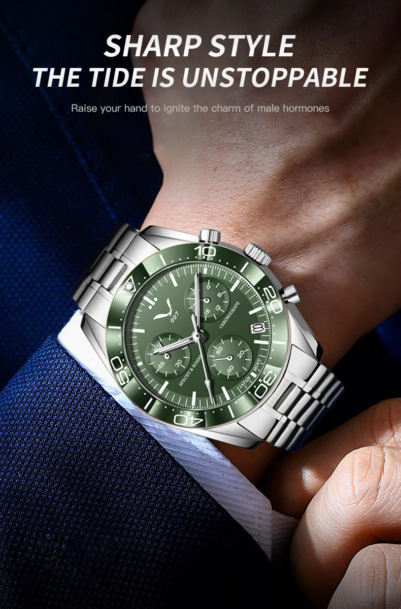 new 007 specht&sohne sports watches for men top brand luxury steel wrist watch fashion japan vk68 chronograph relogio masculino Green chronograph watch on wrist