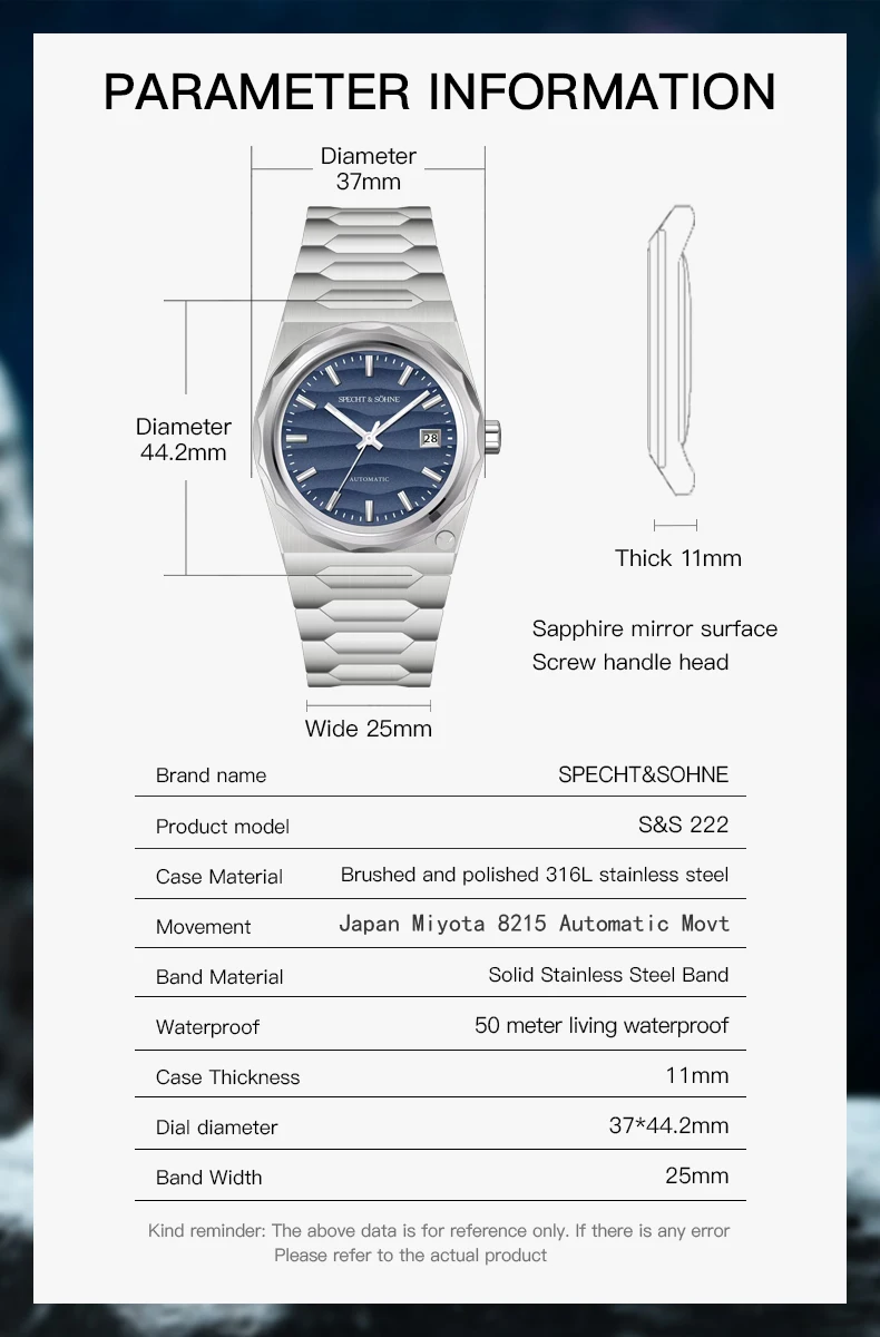 2025 new specht&sohne 222 gold watch luxury men's watches automatic mechanical wriswatch miyota 8215 movt sports wristwatch 37mm Watch dimensions and specifications table