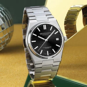 Silver watch with black dial