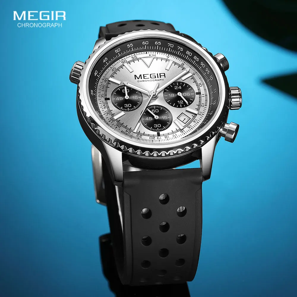 megir silver black quartz watch men military sport chronograph wristwatch with silicone strap luminous hands auto date 2236 Silver chronograph watch with black strap
