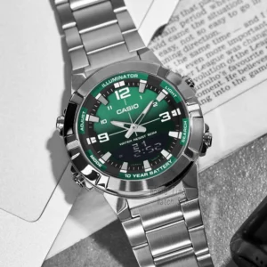Green faced metal band watch