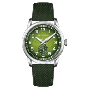 Green dial wristwatch with silver case