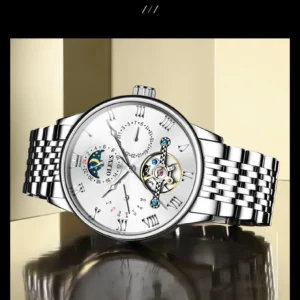 Silver analog wristwatch with moon phase