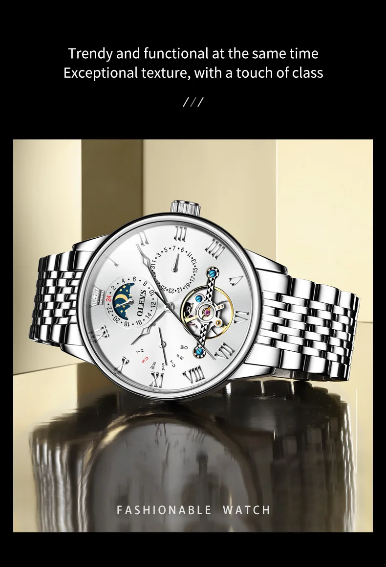olevs tourbillon moon phases watch men luxury sports waterproof automatic mechanical wristwatch calendar week men's watches Silver analog wristwatch with moon phase