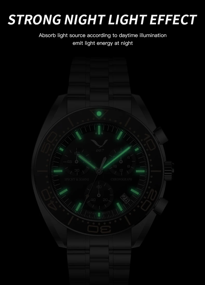 new 007 specht&sohne sports watches for men top brand luxury steel wrist watch fashion japan vk68 chronograph relogio masculino Glow in the dark watch face