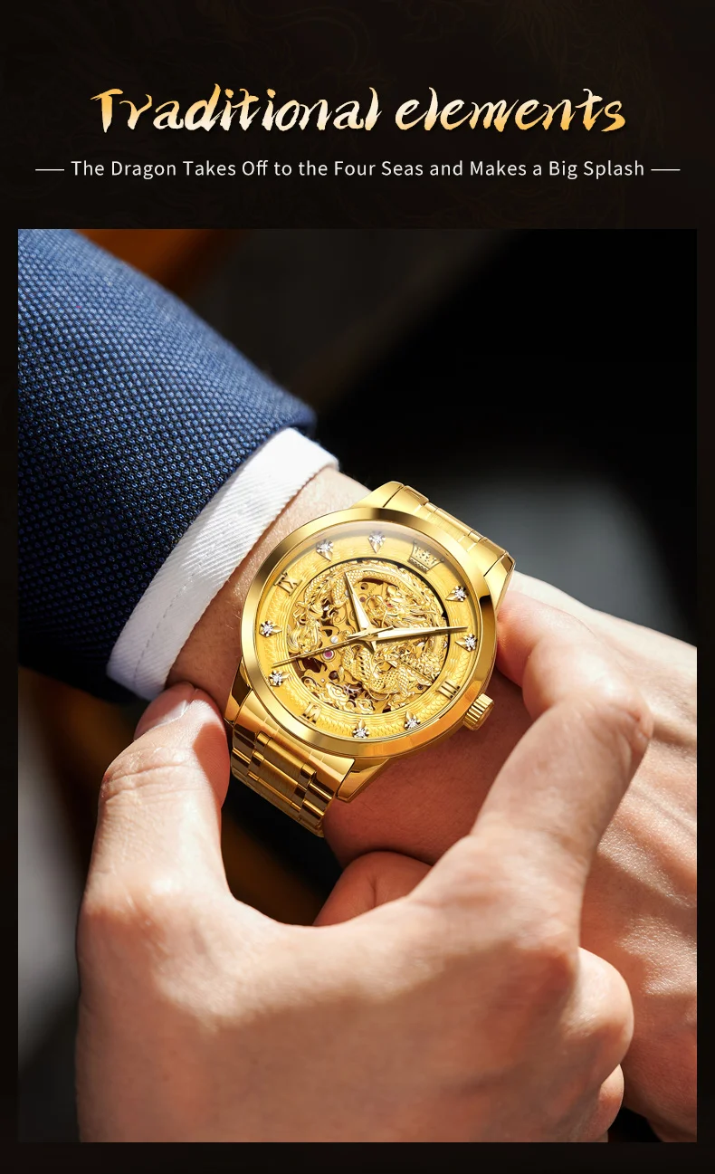 olevs gold steel dragon dial automatic watch men full steel waterproof miyota mechanical mens watches top brand luxury relogio Golden dragon skeleton watch
