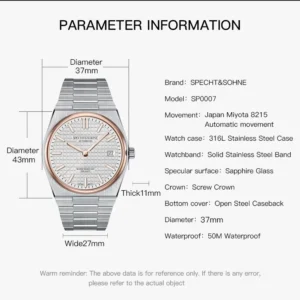 Watch specifications with measurements