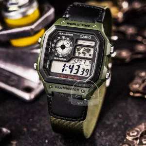 Green digital world time watch