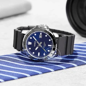 Blue faced watch on tie