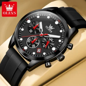Black chronograph watch with red accents
