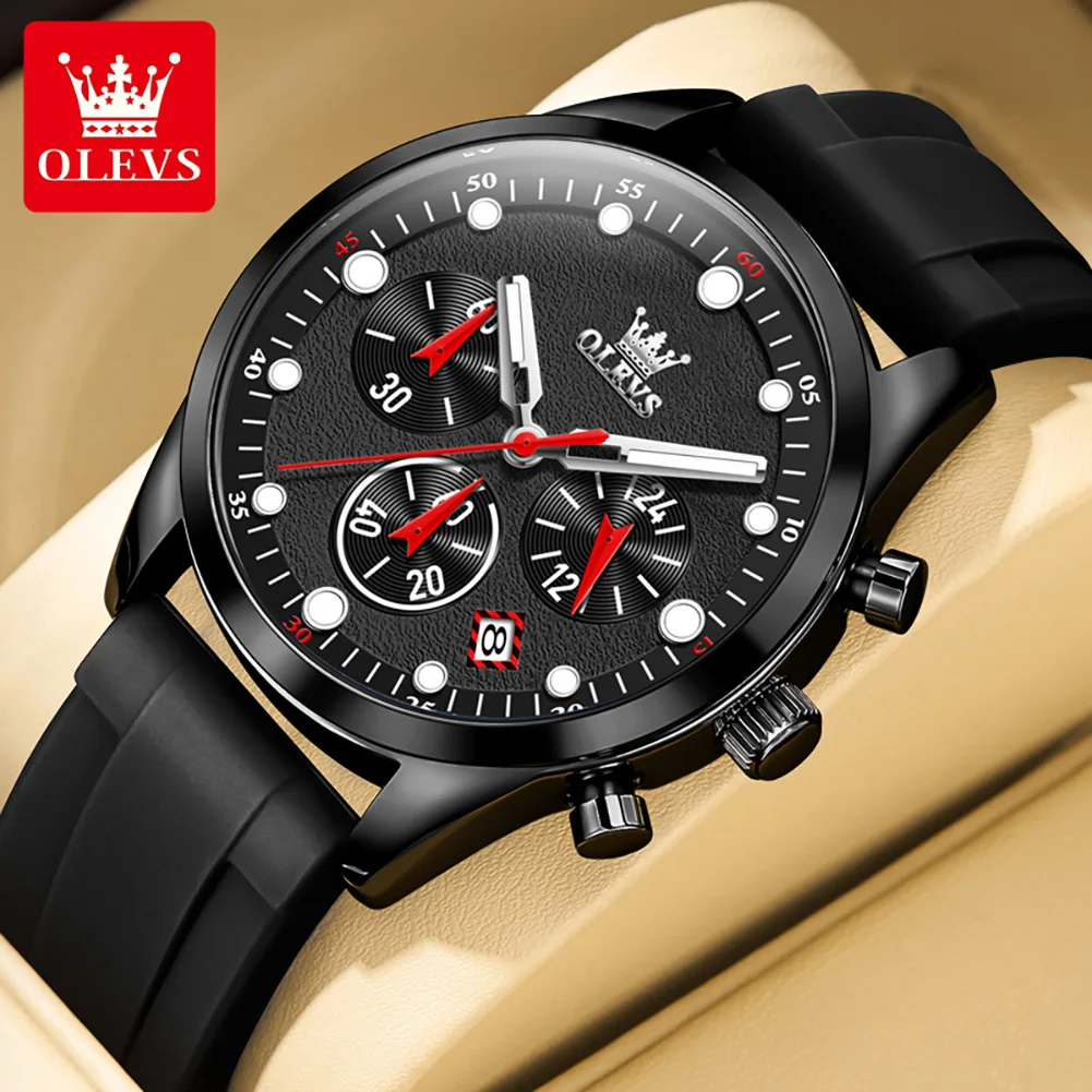 olevs brand sports quartz watch for men fashion silicone strap waterproof luminous chronograph watches mens relogio masculino Black chronograph watch with red accents