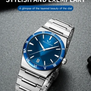 Blue faced stainless steel watch