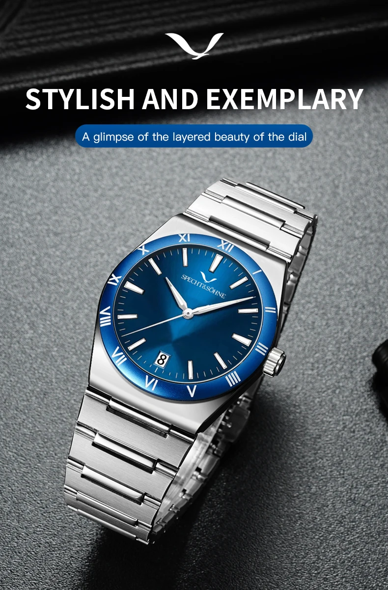 specht & söhne new hot selling mens watches 38mm japan quartz wristwatches stainless steel watch relogio masculino waterproof Blue faced stainless steel watch