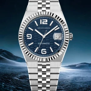 Blue automatic watch with metal band