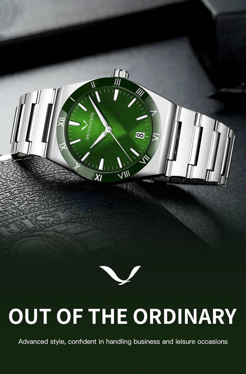 specht & söhne new hot selling mens watches 38mm japan quartz wristwatches stainless steel watch relogio masculino waterproof Green dial stainless steel watch