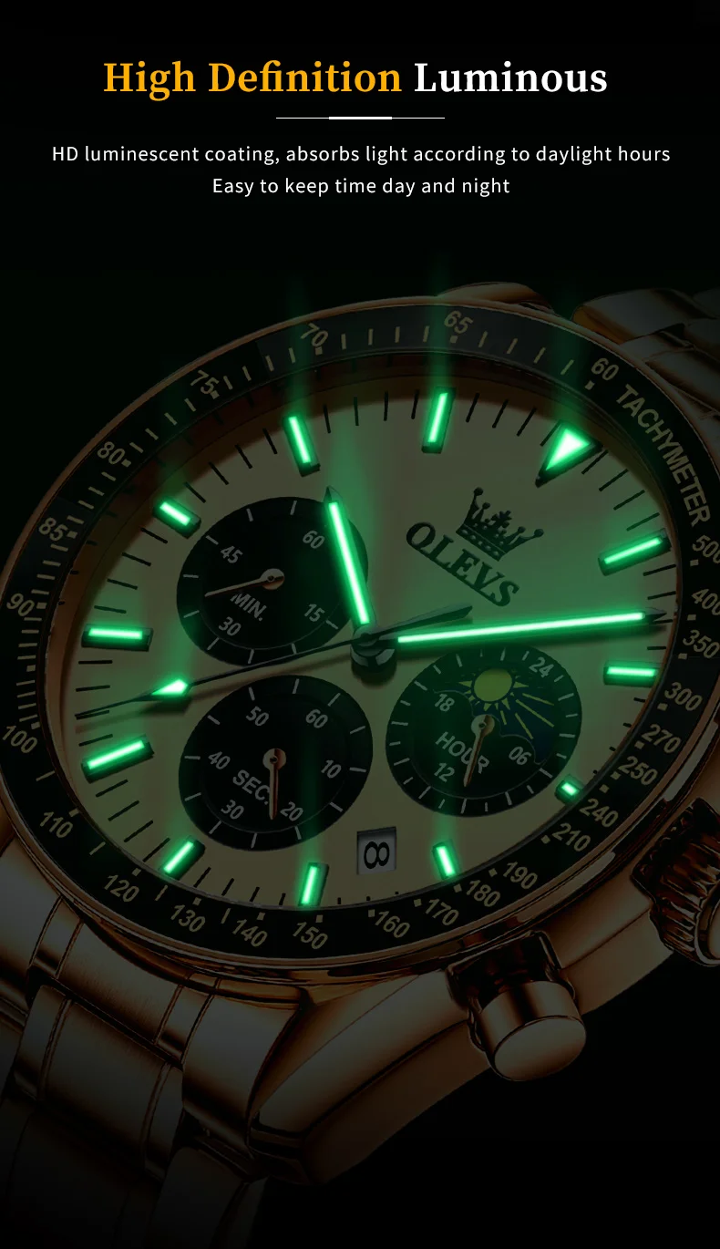 olevs brand new luxury rose gold quartz watch men stainless steel waterproof luminous date moon phase chronograph watches mens Luminous watch face and hands