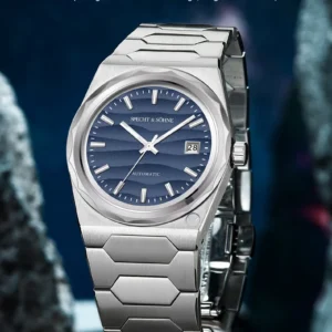 Blue dial automatic watch bracelet.