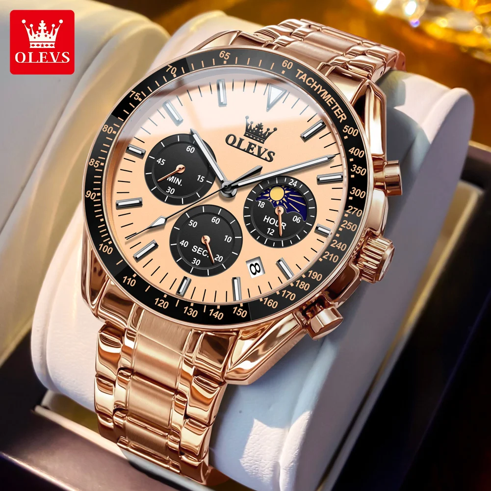 olevs brand new luxury rose gold quartz watch men stainless steel waterproof luminous date moon phase chronograph watches mens Rose gold chronograph watch face