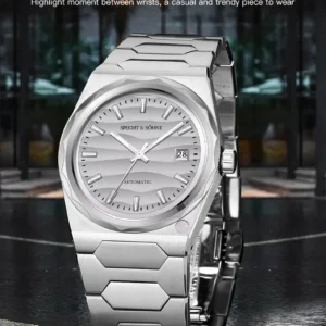 Silver automatic watch with date.
