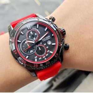 Red and black chronograph watch