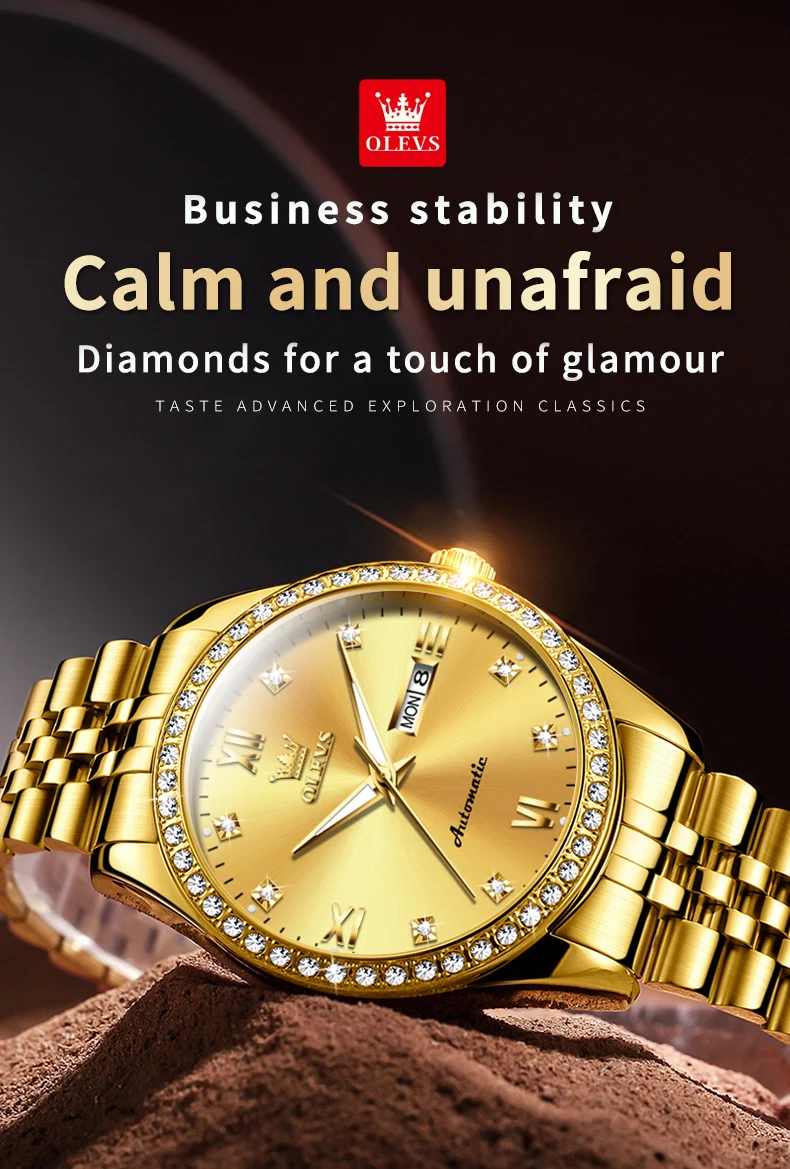 olevs new diamond business men watch top brand luxury watch waterproof date stainless steel automatic mechanical wristwatch Gold diamond embellished watch