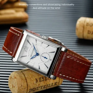 Rectangular silver wristwatch brown strap