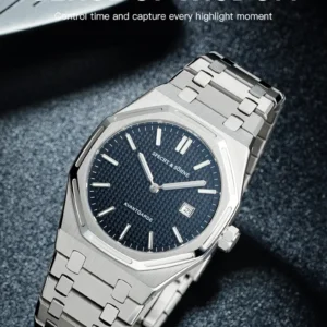 silver watch with dark dial