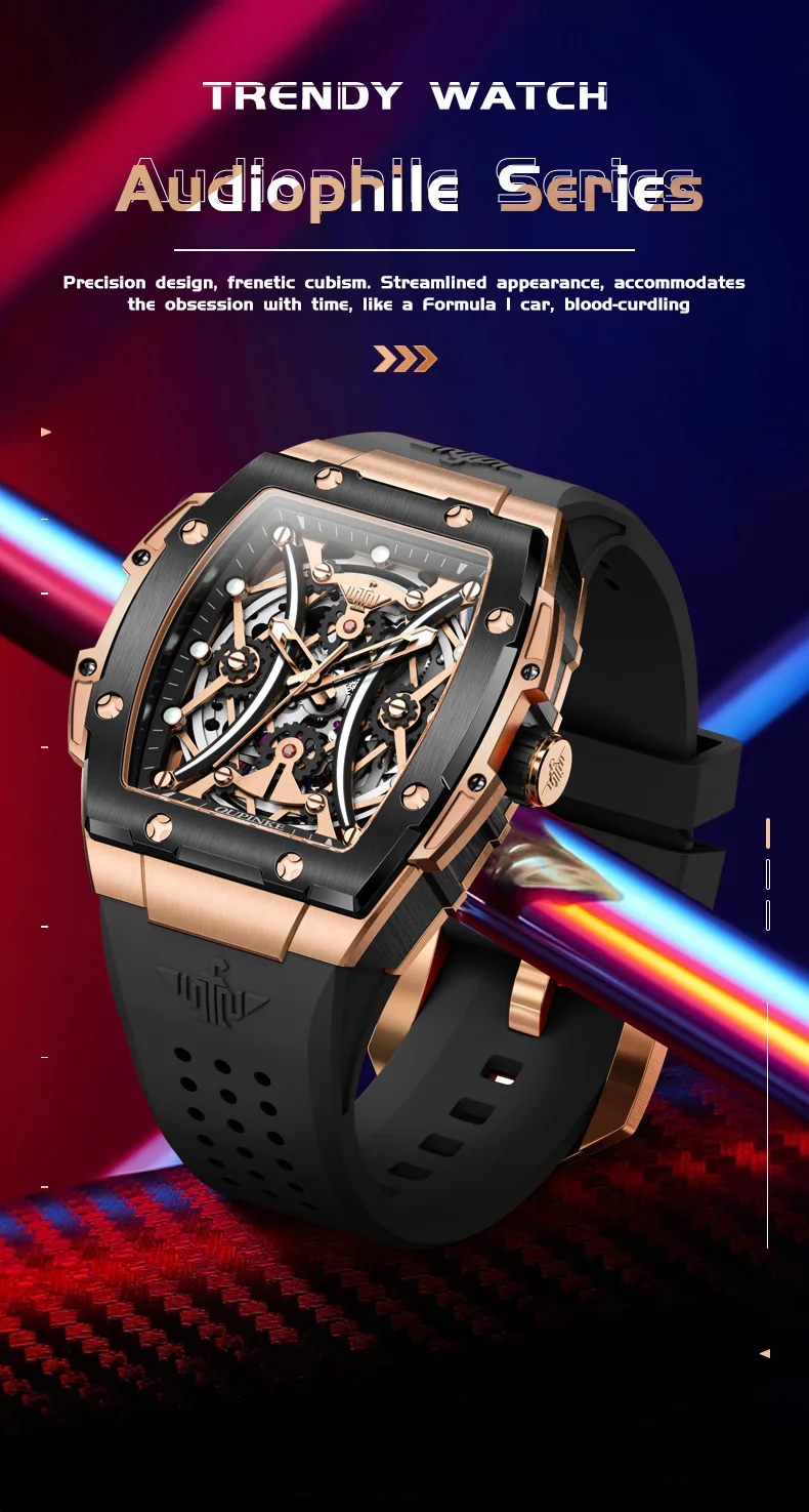 oupinke men's watches classic luxury tonneau dial top brand original automatic mechanical wristwatch silicone strap sapphire new Audiophile series luxury watch