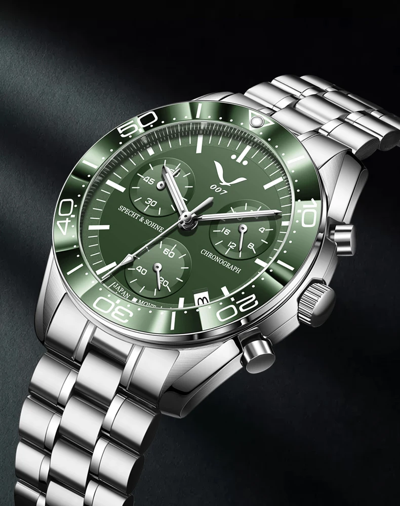 new 007 specht&sohne sports watches for men top brand luxury steel wrist watch fashion japan vk68 chronograph relogio masculino Green chronograph watch band