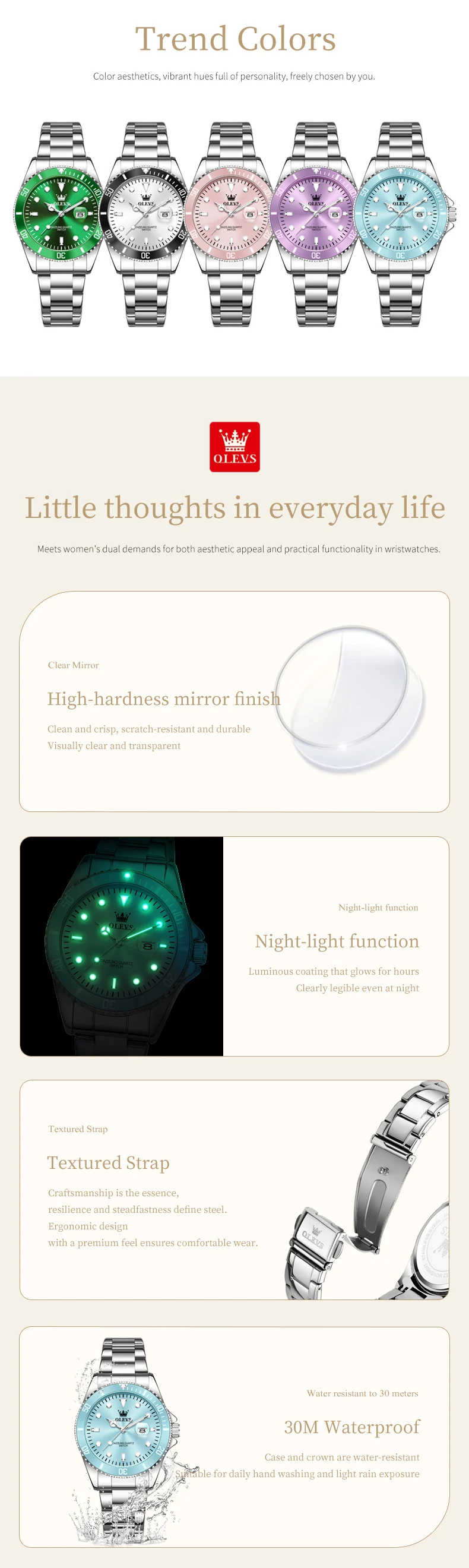 olevs luxury stainless steel waterproof quartz watch for women fashion calendar luminous womens wristwatch sport clock reloj Trend colors watches for women.