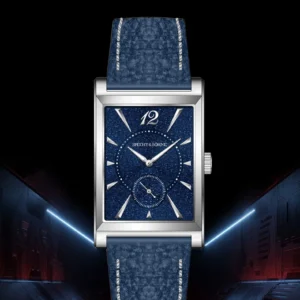 Rectangular watch with blue dial