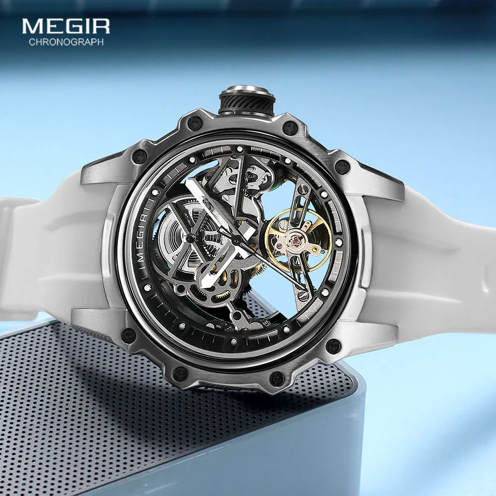 megir skeleton dial automatic mechanical watch men stainless steel case waterproof luminous sport wristwatch with silicone strap Skeleton mechanical watch white band