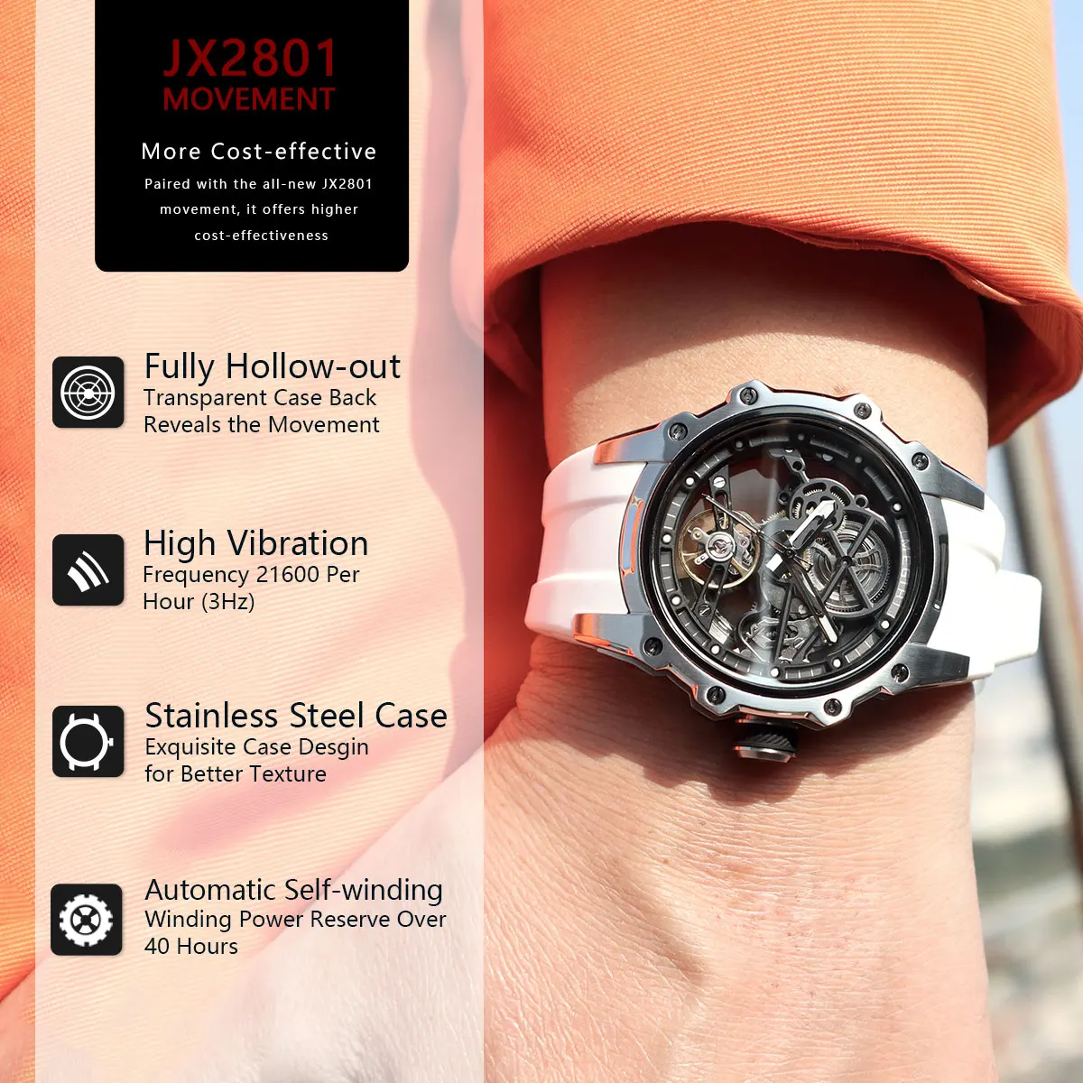 megir skeleton dial automatic mechanical watch men stainless steel case waterproof luminous sport wristwatch with silicone strap Skeleton watch with white strap