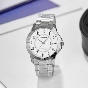 Silver Casio watch with white dial