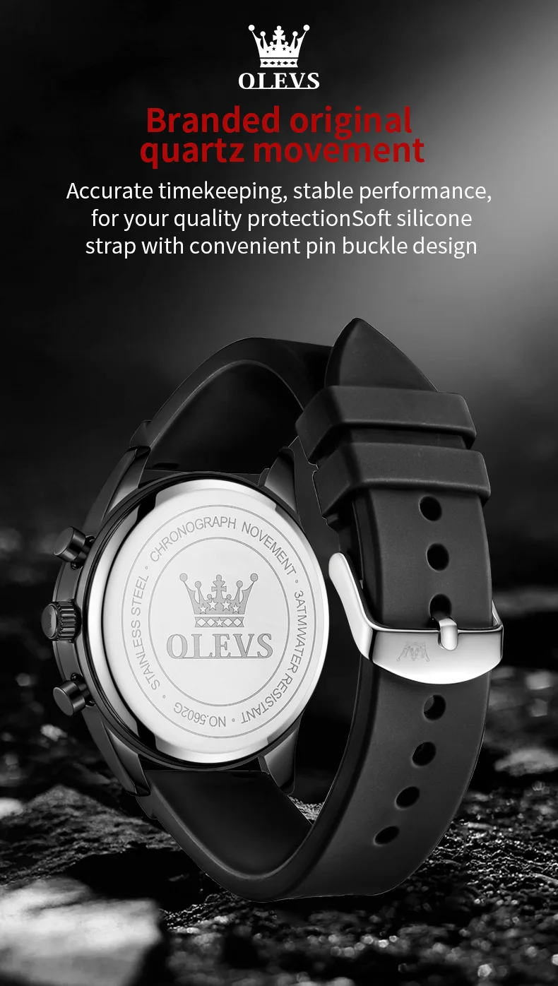 olevs brand sports quartz watch for men fashion silicone strap waterproof luminous chronograph watches mens relogio masculino OLEVS black silicone watch