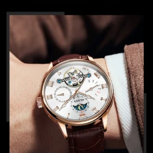 Men's luxury wristwatch with leather strap