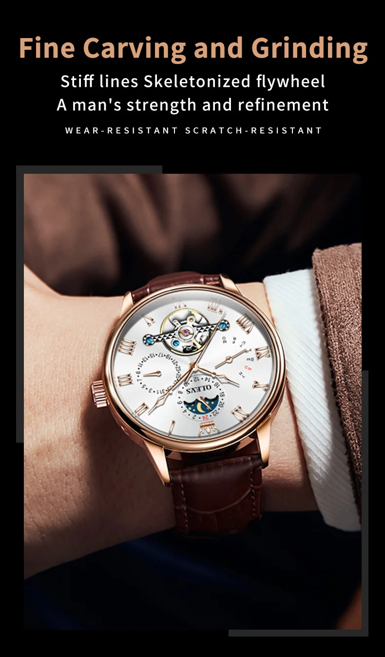 olevs tourbillon moon phases watch men luxury sports waterproof automatic mechanical wristwatch calendar week men's watches Men's luxury wristwatch with leather strap