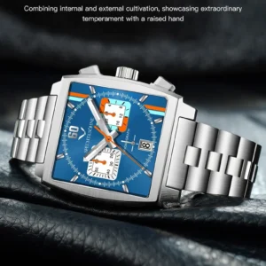 Silver square watch blue dial