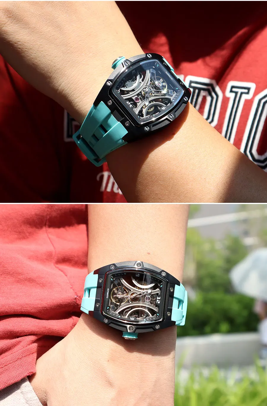 megir sports style automatic mechanical watch for men full hollow transparent dial design stainless steel case silicone strap Tourbillon watch with teal band