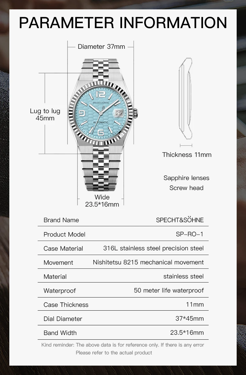 specht & söhne new mens watches miyota 8215 automatic mechanical wristwatches stainless steel watch relogio masculino 37mm Watch parameter information diagram