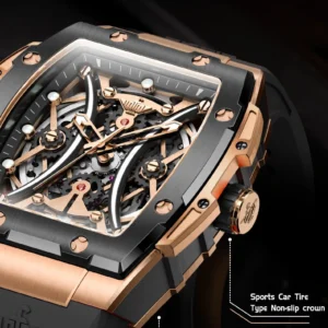 Skeletonized stainless steel watch case.