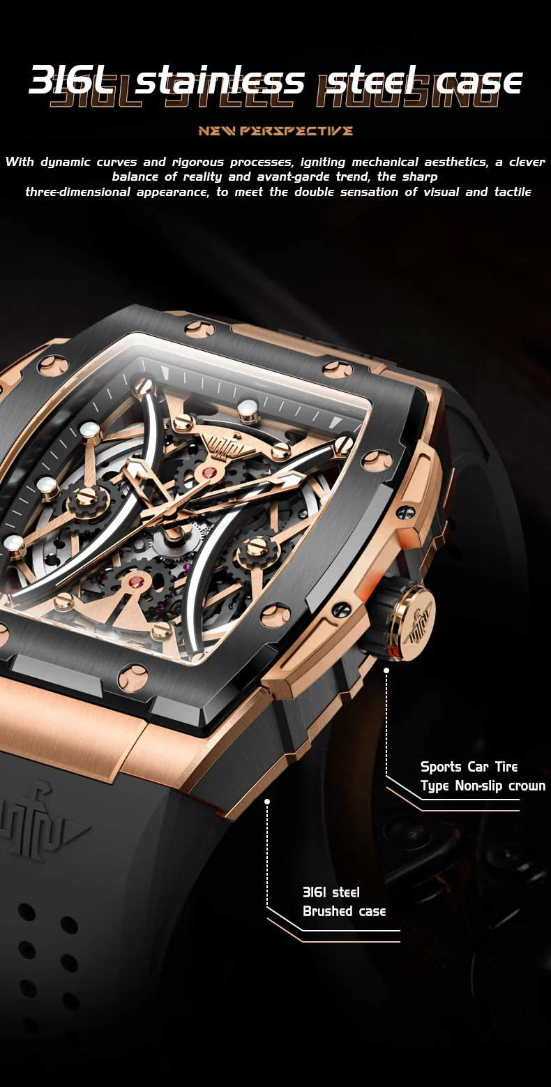 oupinke men's watches classic luxury tonneau dial top brand original automatic mechanical wristwatch silicone strap sapphire new Skeletonized stainless steel watch case.