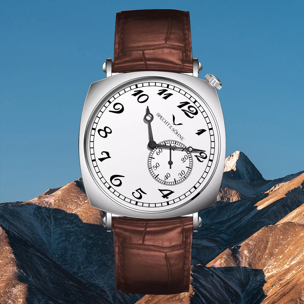 new luxury specht & söhne 1921 classic vintage men's automatic mechanical watch sapphire crystal genuine leather waterproof Wristwatch on mountain background.