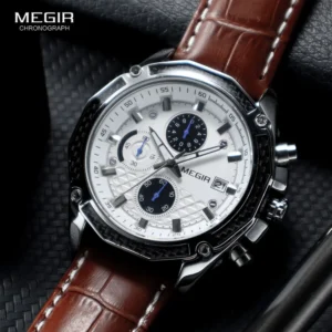 Brown leather chronograph watch display