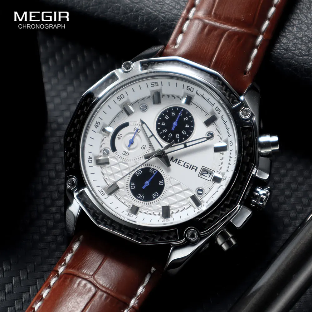 megir quartz male watches genuine leather watches racing men students game run chronograph watch male glow hands for man 2015g Brown leather chronograph watch display