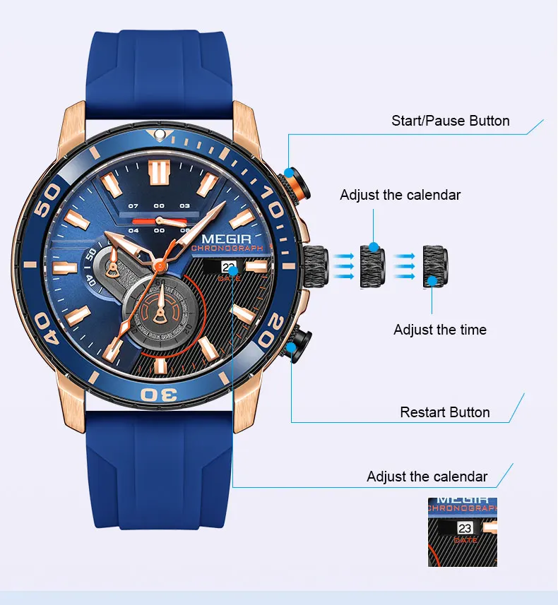 megir orange sport watch for men fashion waterproof silicone strap chronograph quartz wristwatch with auto date luminous hands Blue chronograph watch instructions