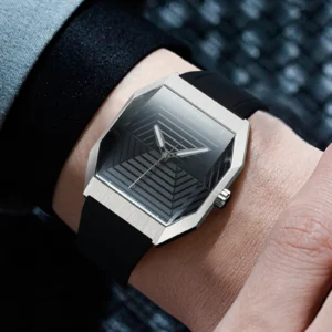 Geometric dial wristwatch on wrist