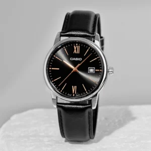 Black leather strap analog watch